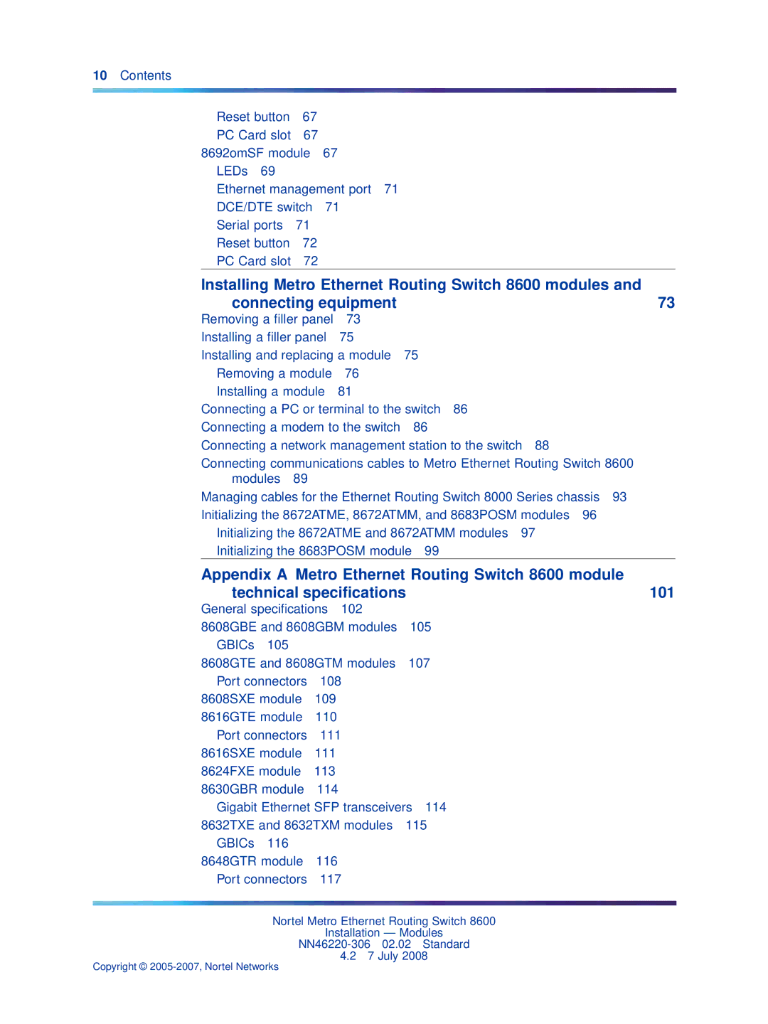 Nortel Networks 8005DC, 8003AC, 8004AC, 8004DC, 8005AC manual Copyright 2005-2007, Nortel Networks 