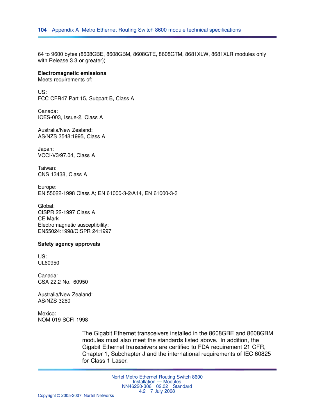 Nortel Networks 8005AC, 8005DC, 8003AC, 8004AC, 8004DC manual Electromagnetic emissions, Safety agency approvals 