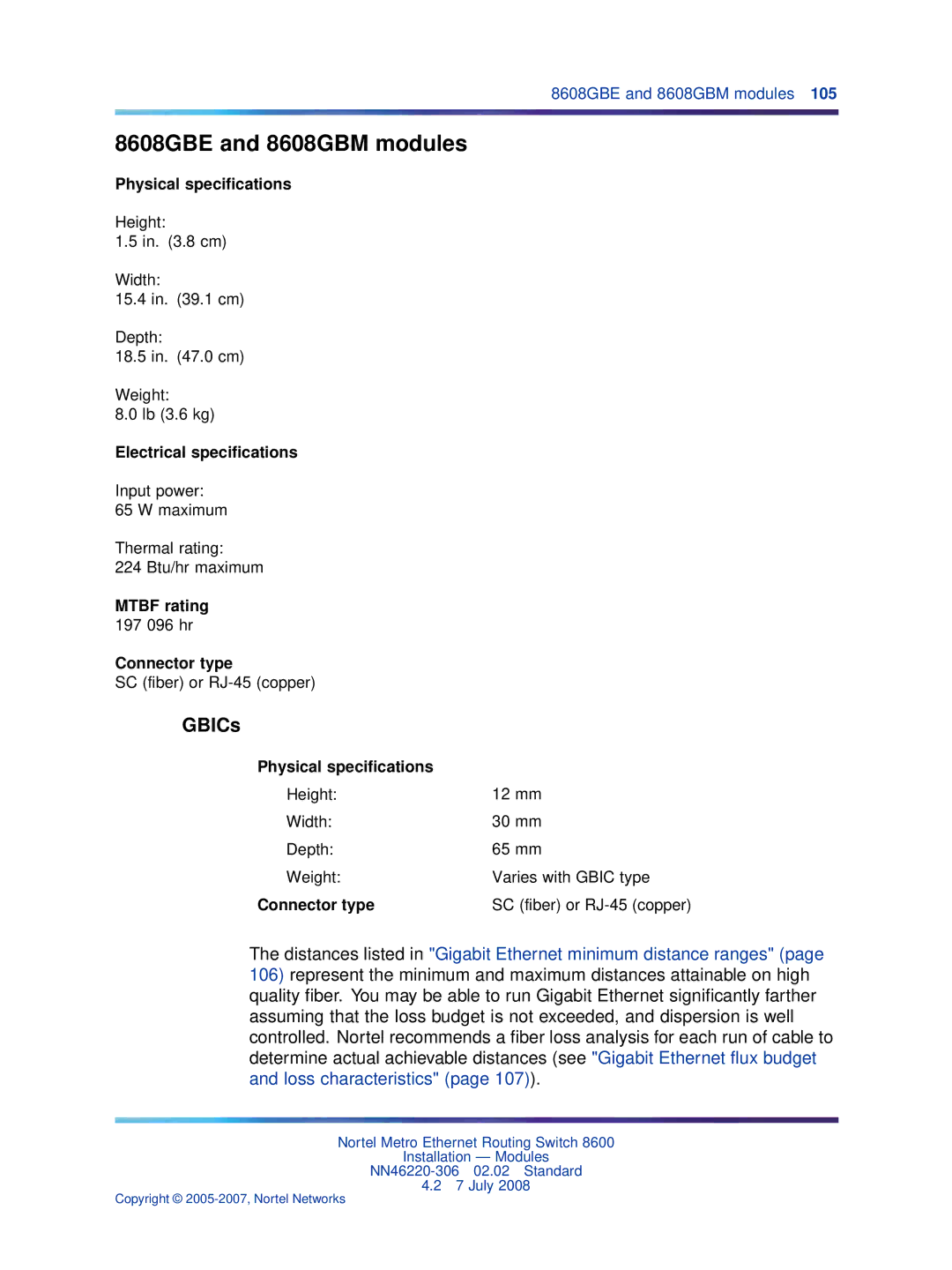 Nortel Networks 8005DC, 8003AC manual GBICs, Physical specifications, Electrical specifications, Mtbf rating, Connector type 