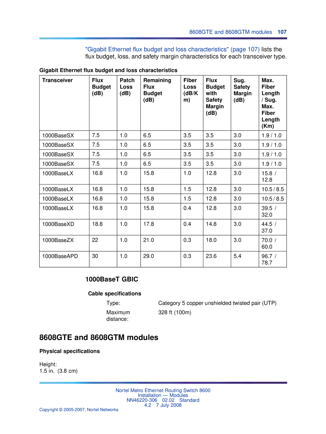 Nortel Networks 8004AC, 8005DC, 8003AC, 8004DC, 8005AC manual 1000BaseT Gbic, Cable specifications, Height .8 cm 