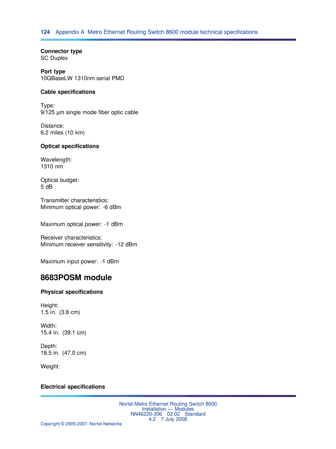 Nortel Networks 8005AC, 8005DC, 8003AC, 8004AC, 8004DC manual 8683POSM module, 10GBaseLW 1310nm serial PMD 