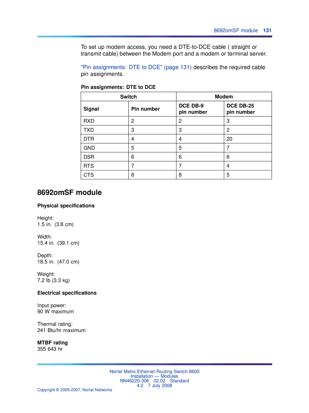 Nortel Networks 8003AC, 8005DC, 8004AC Pin assignments DTE to DCE Switch Modem Signal Pin number, DCE DB-25, 355 643 hr 