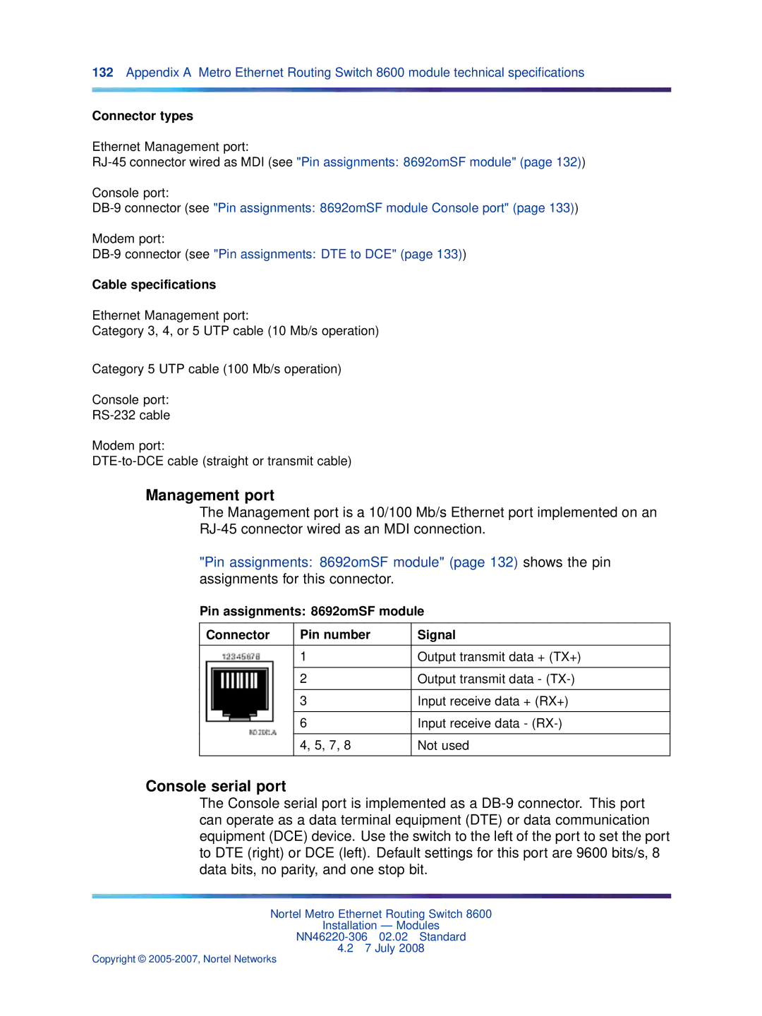 Nortel Networks 8004AC, 8005DC, 8003AC, 8004DC Connector types, Pin assignments 8692omSF module Connector Pin number Signal 