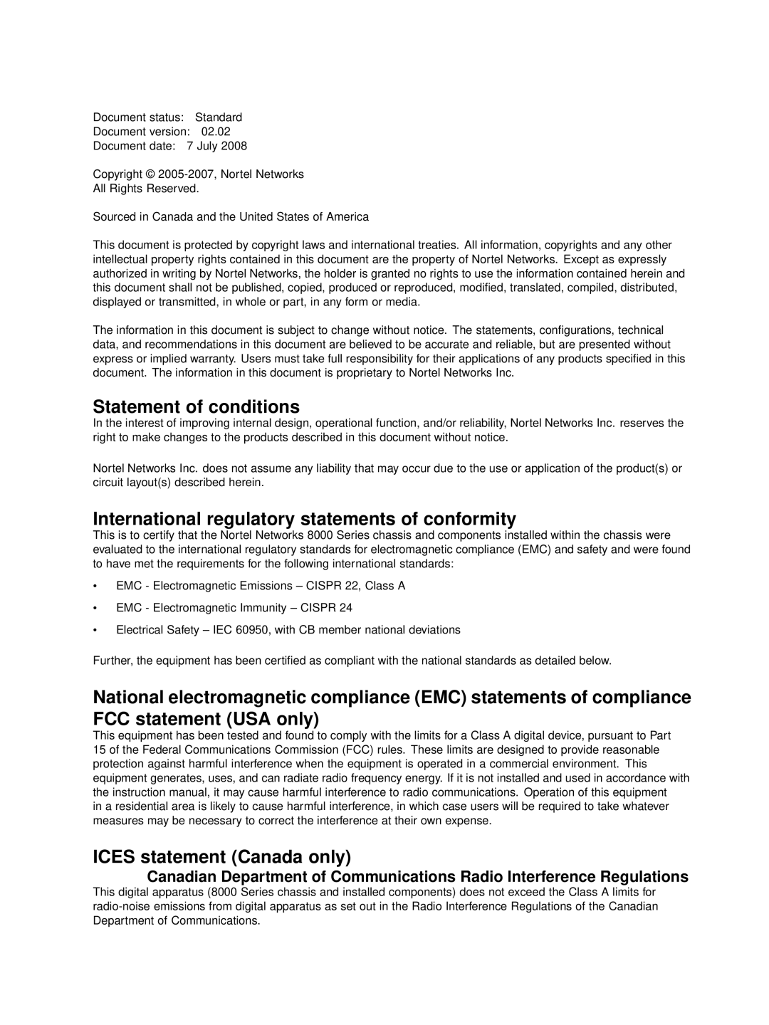 Nortel Networks 8004AC, 8005DC, 8003AC, 8004DC Statement of conditions, International regulatory statements of conformity 