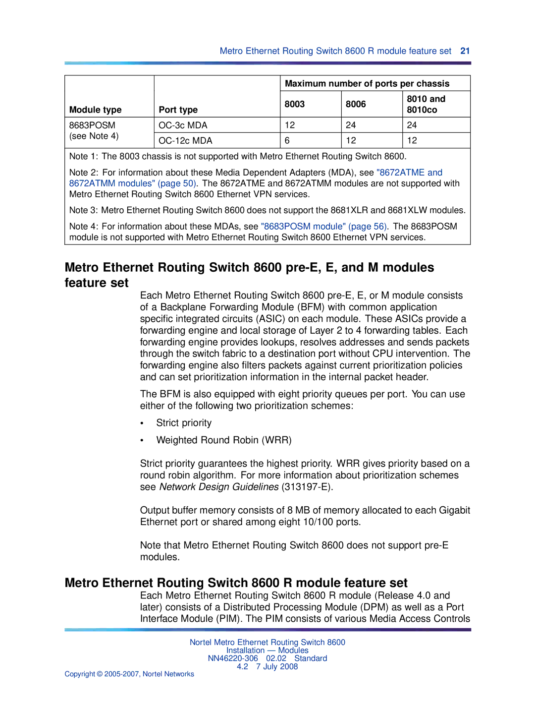 Nortel Networks 8003AC Metro Ethernet Routing Switch 8600 R module feature set, 8683POSM OC-3c MDA See Note OC-12c MDA 