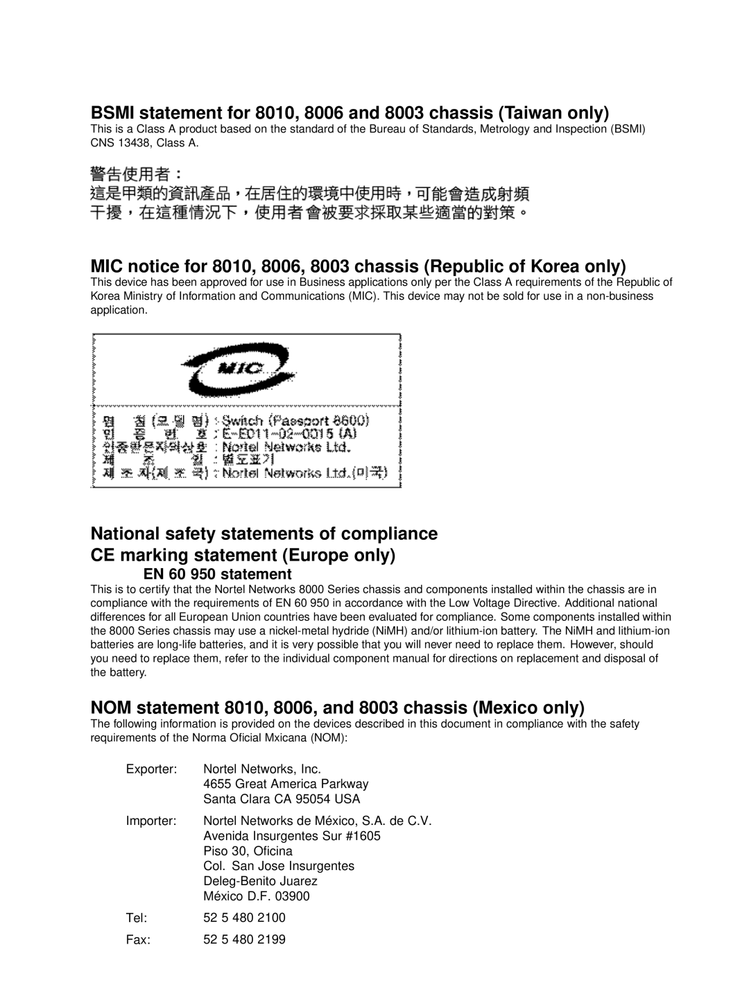 Nortel Networks 8005AC, 8005DC, 8003AC manual Bsmi statement for 8010, 8006 and 8003 chassis Taiwan only, EN 60 950 statement 