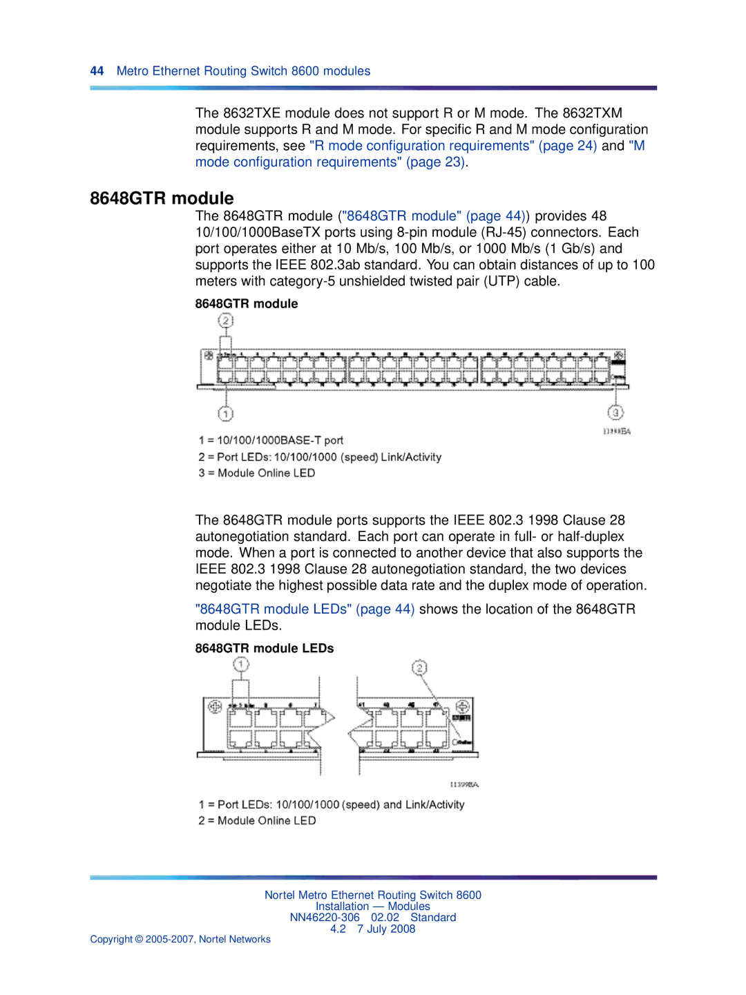 Nortel Networks 8005AC, 8005DC, 8003AC, 8004AC, 8004DC manual 8648GTR module LEDs 