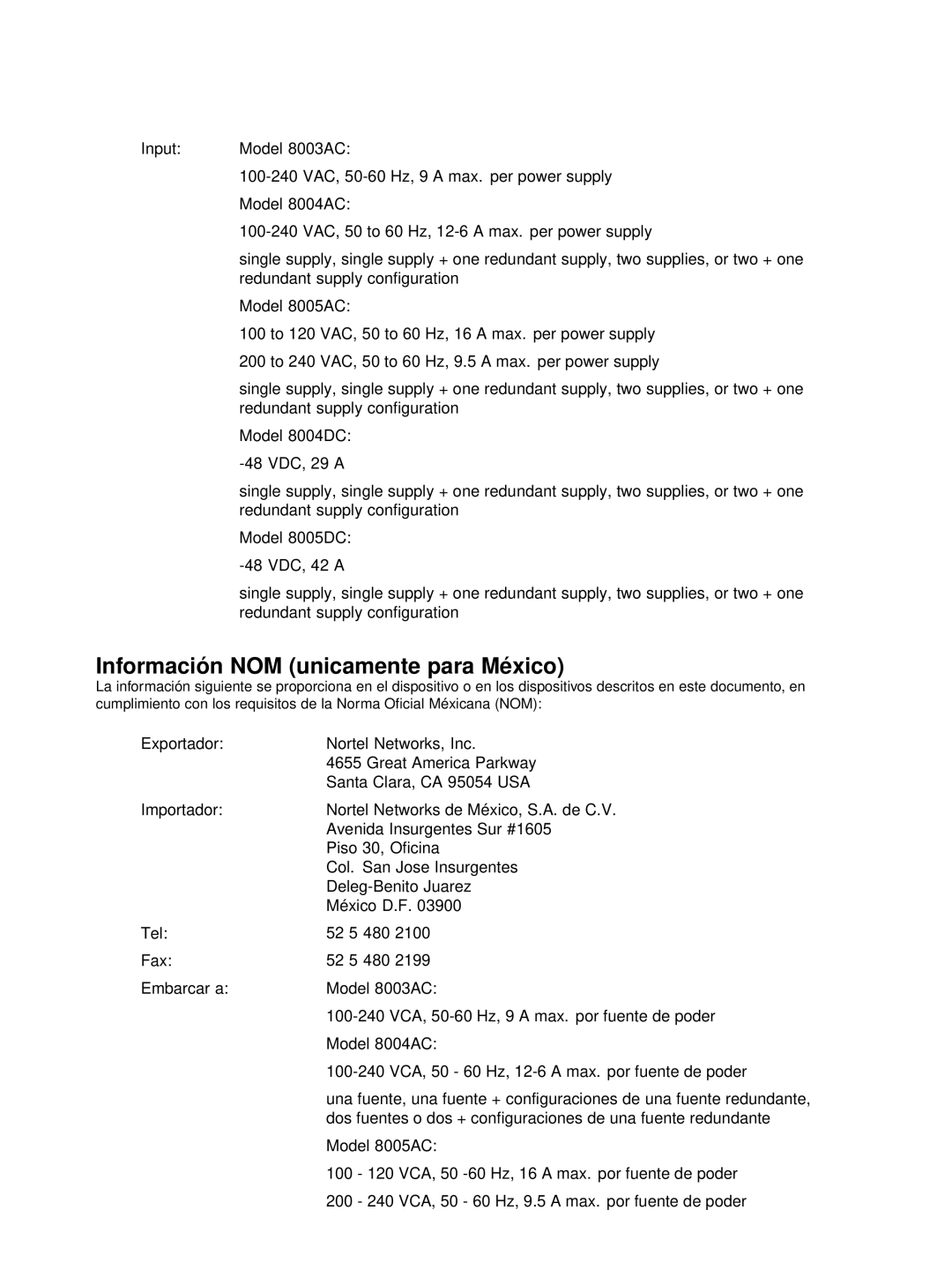 Nortel Networks 8005DC, 8003AC, 8004AC, 8004DC, 8005AC manual Información NOM unicamente para México 