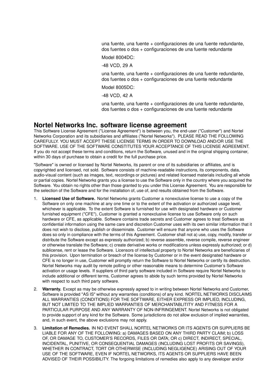 Nortel Networks 8003AC, 8005DC, 8004AC, 8004DC, 8005AC manual Nortel Networks Inc. software license agreement 