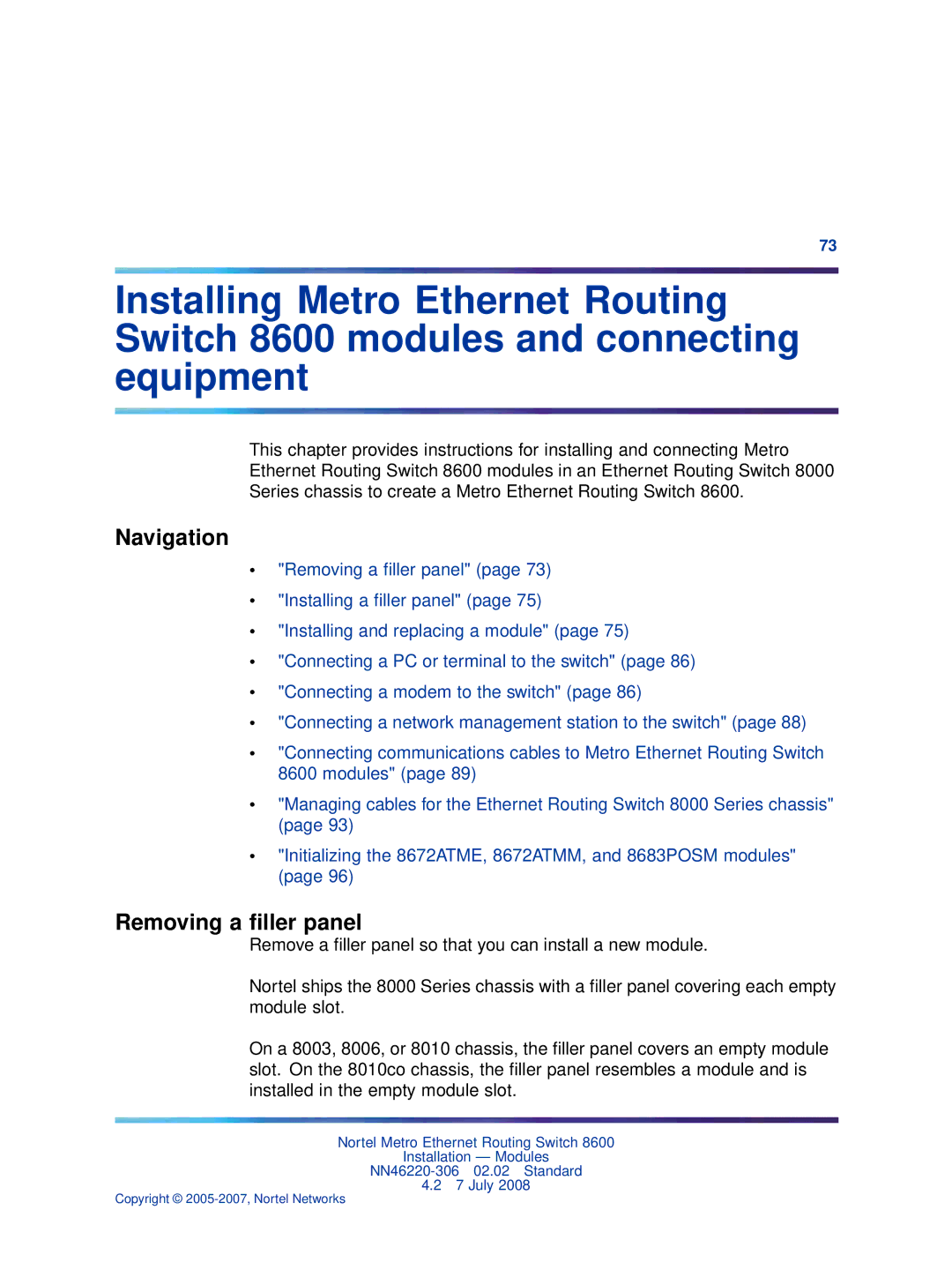 Nortel Networks 8004DC, 8005DC, 8003AC, 8004AC, 8005AC manual Navigation, Removing a ﬁller panel 