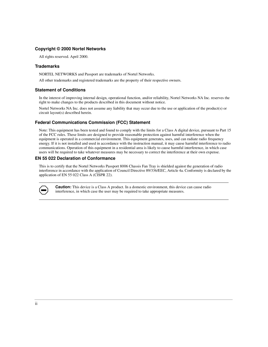 Nortel Networks 8006 manual Copyright 2000 Nortel Networks 