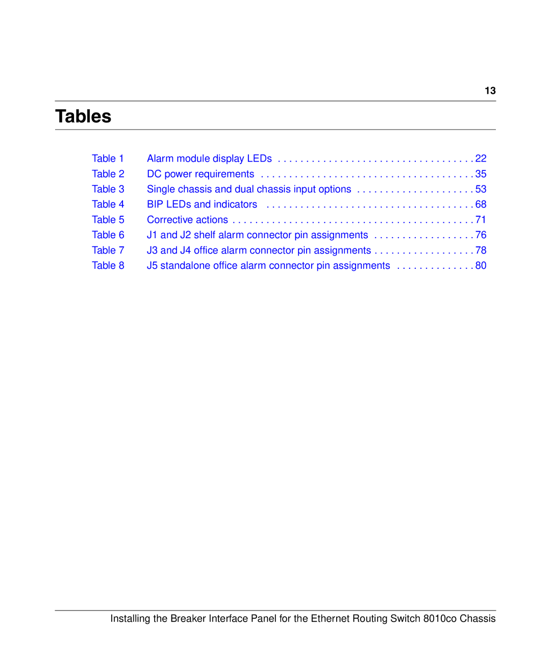 Nortel Networks 8010co manual Tables 