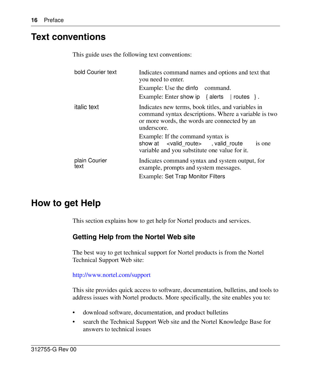 Nortel Networks 8010co manual Text conventions, How to get Help, Getting Help from the Nortel Web site, Preface 