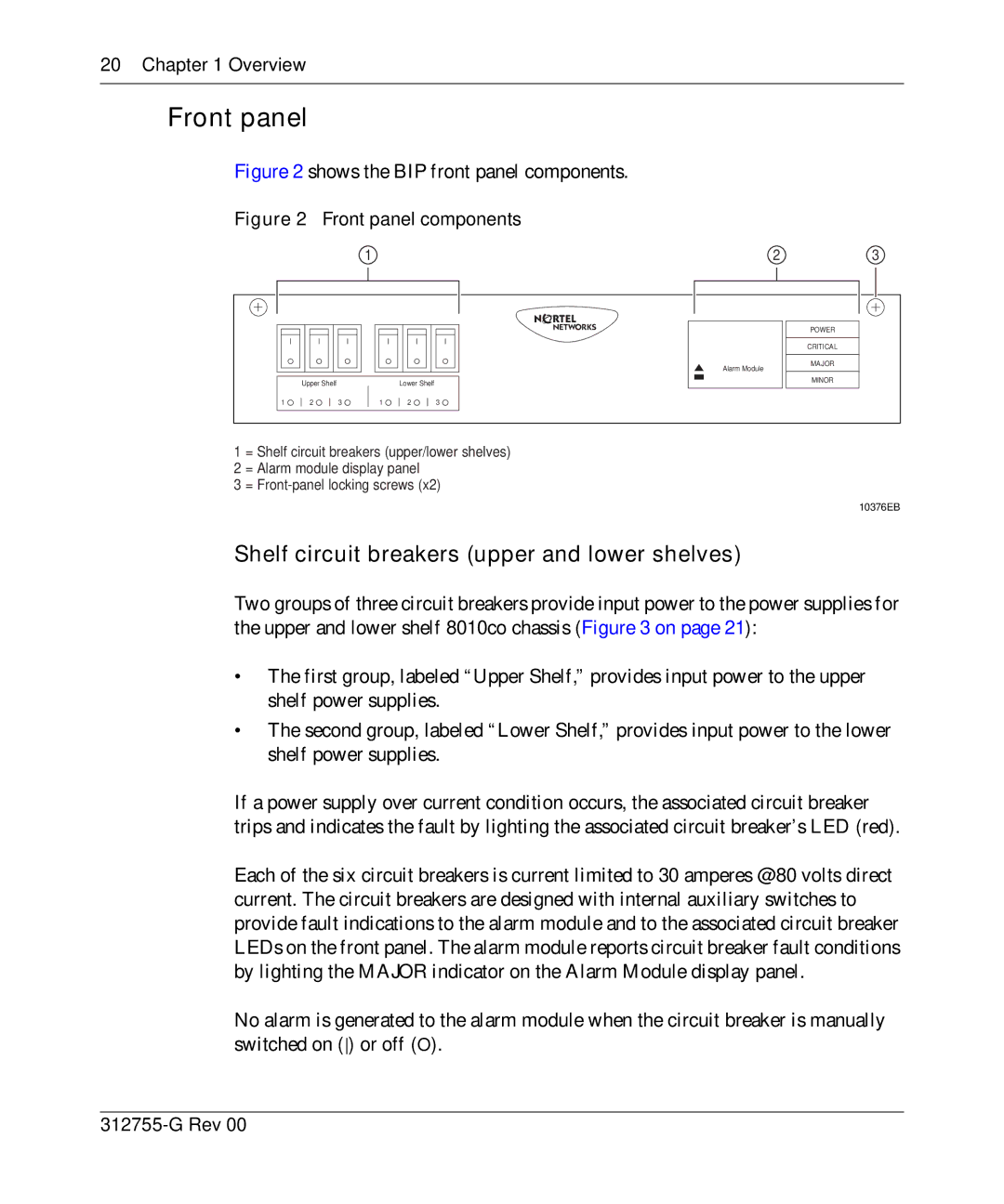 Nortel Networks 8010co manual Front panel, Shelf circuit breakers upper and lower shelves, Overview 