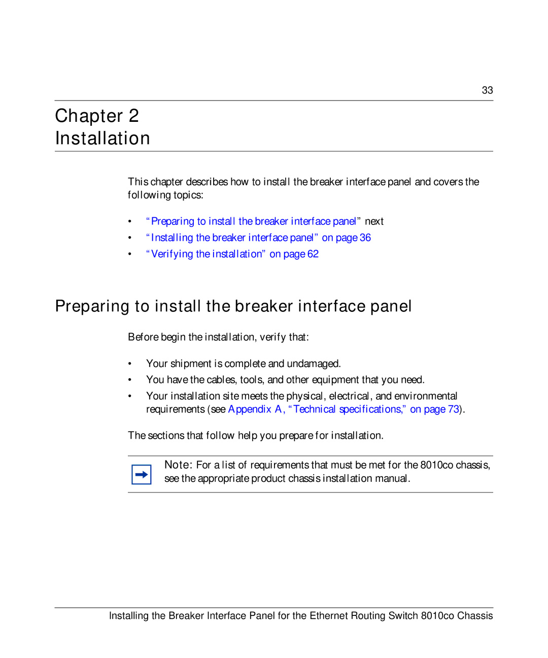 Nortel Networks 8010co manual Chapter Installation, Preparing to install the breaker interface panel 