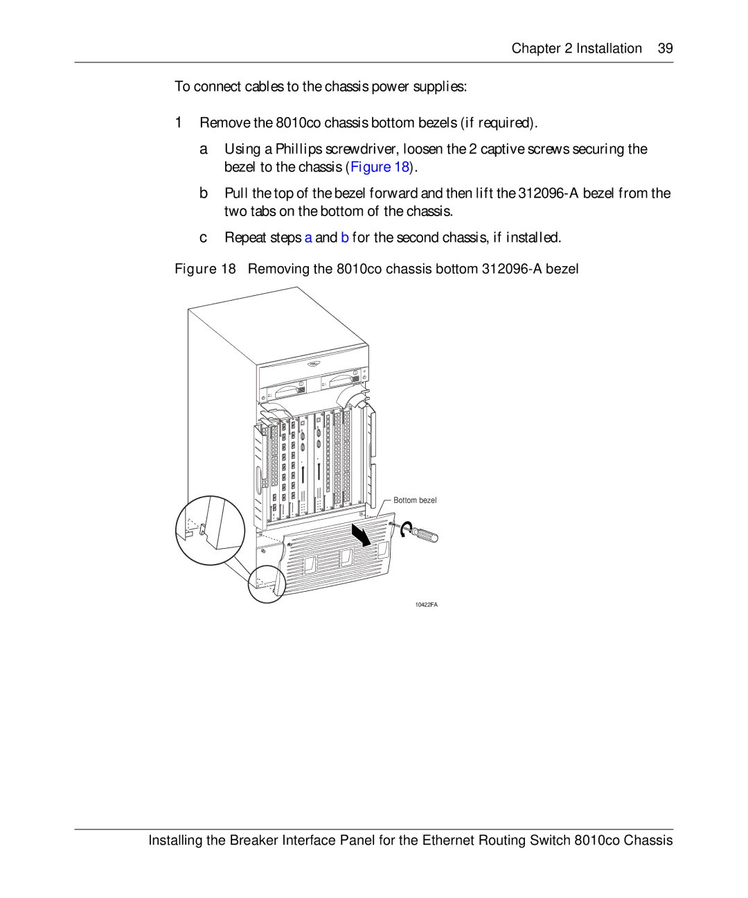 Nortel Networks manual Removing the 8010co chassis bottom 312096-A bezel 