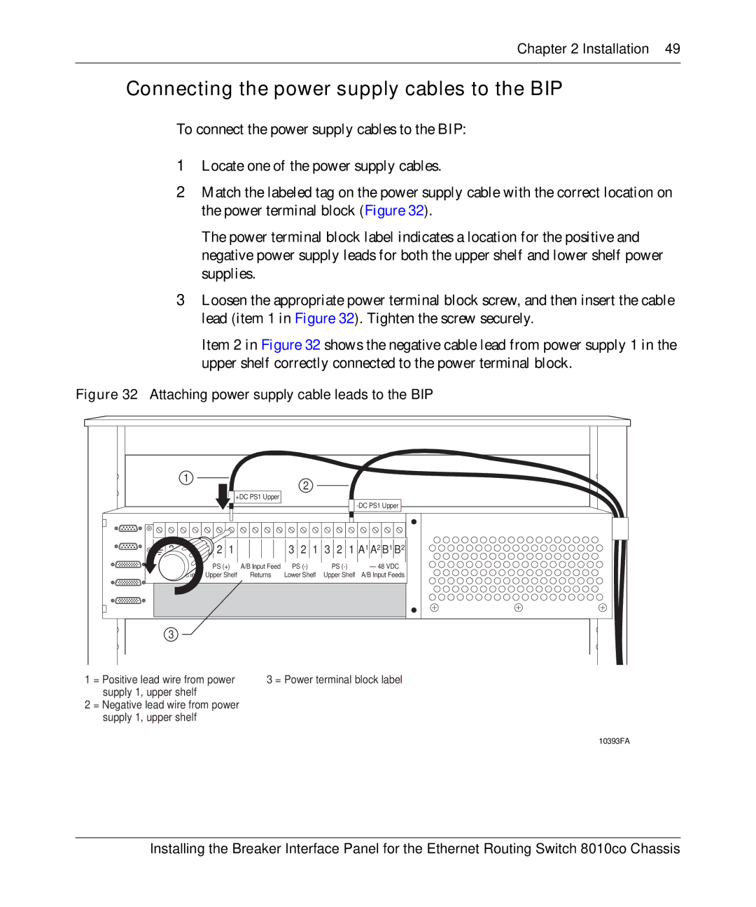 Nortel Networks 8010co manual Connecting the power supply cables to the BIP, Attaching power supply cable leads to the BIP 