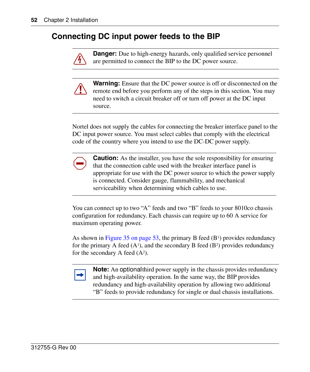 Nortel Networks 8010co manual Connecting DC input power feeds to the BIP 