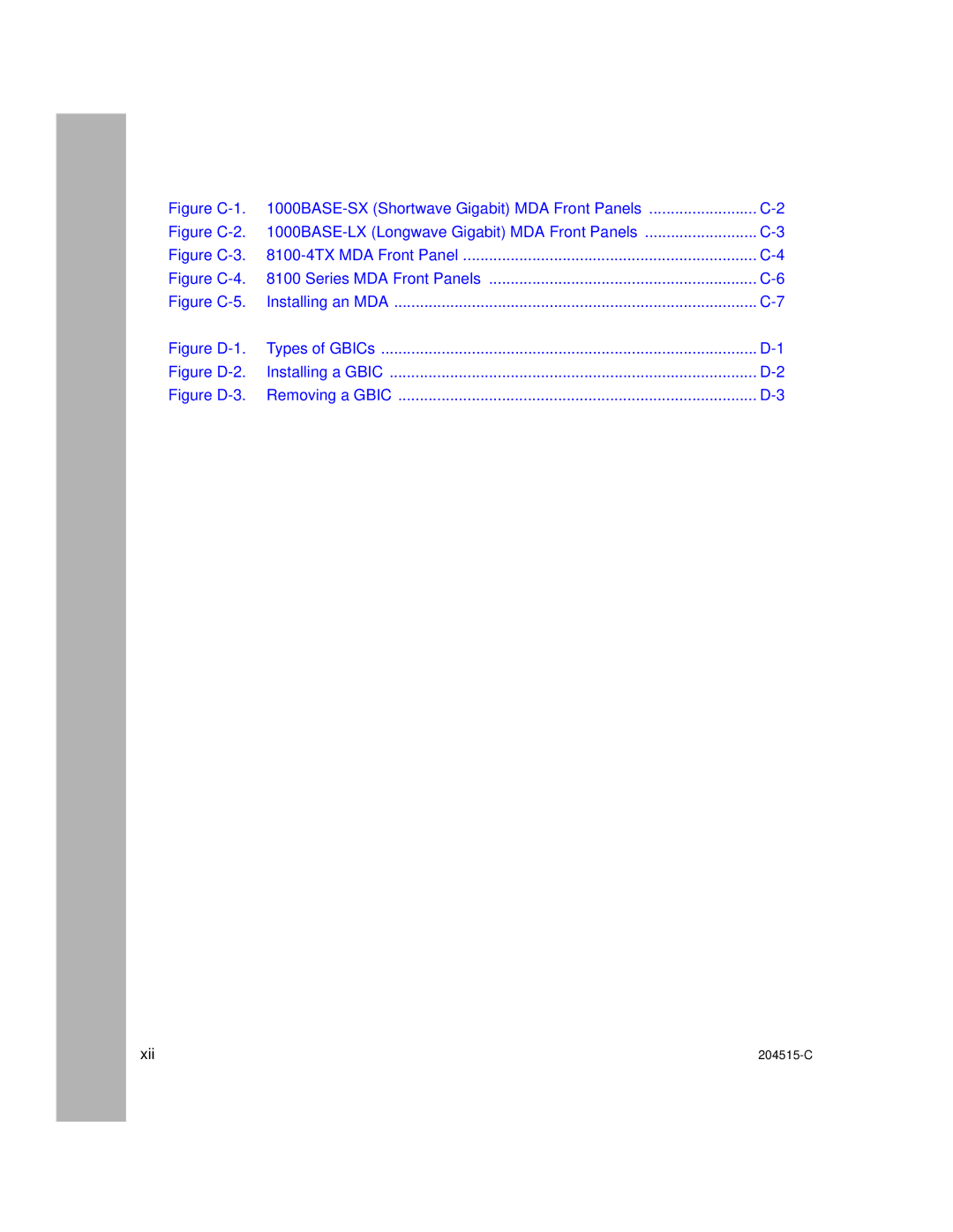 Nortel Networks 8100, 1000BASE-XD manual Figure C-1 BASE-SX Shortwave Gigabit MDA Front Panels 