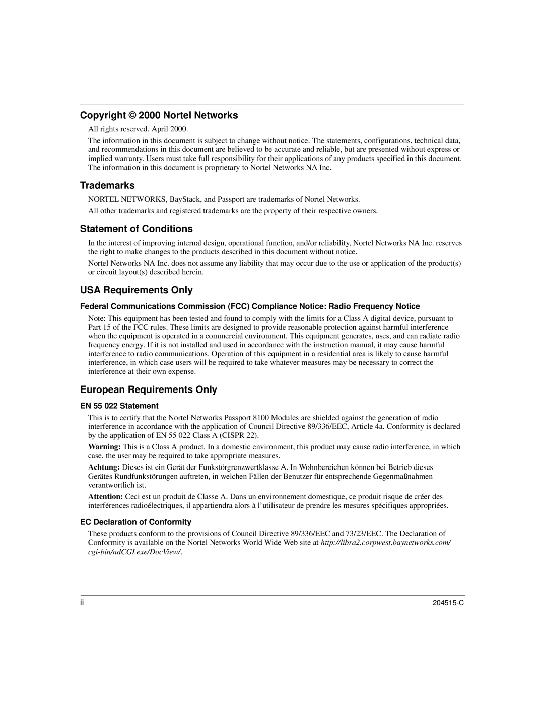 Nortel Networks 8100, 1000BASE-XD manual EN 55 022 Statement, EC Declaration of Conformity 