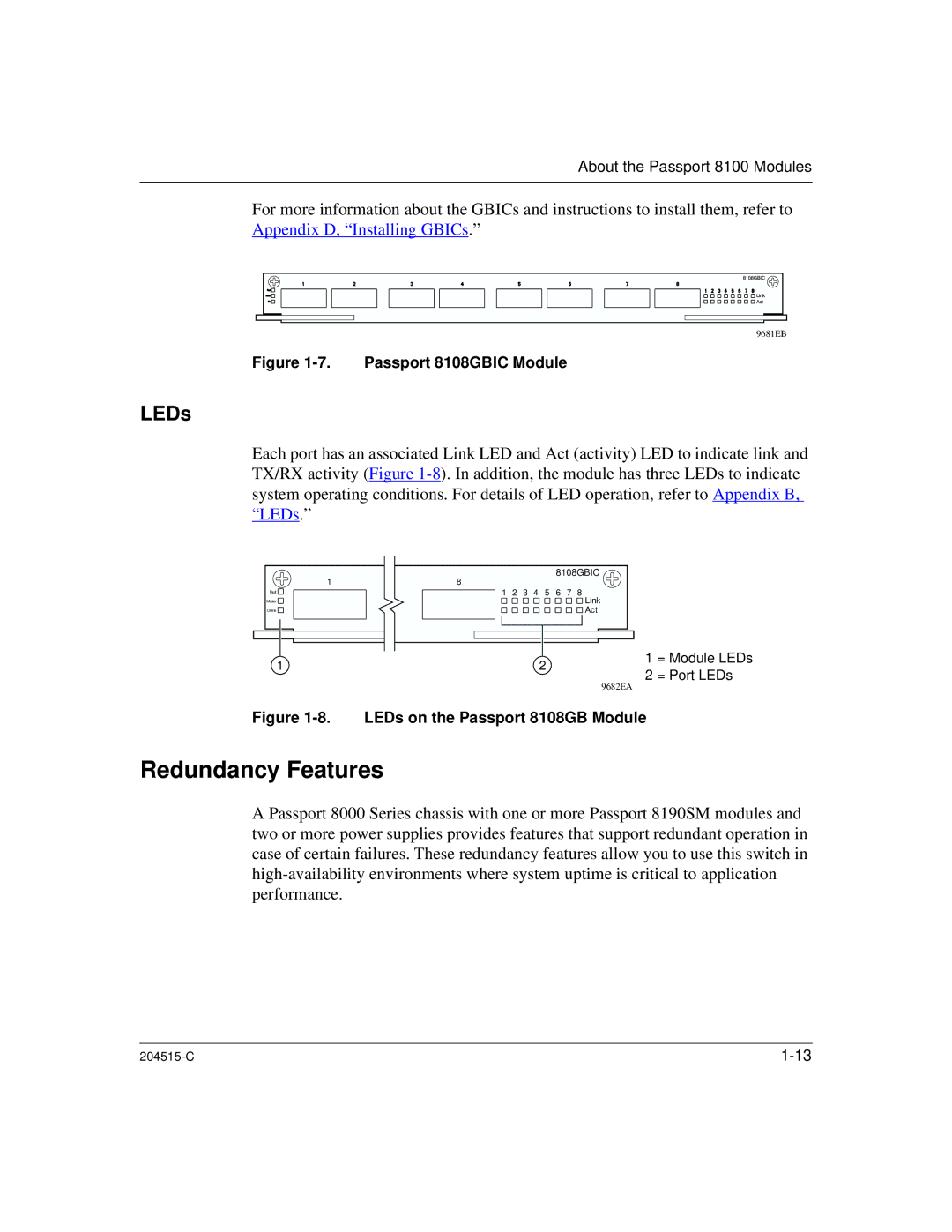 Nortel Networks 1000BASE-XD, 8100 manual Redundancy Features, Passport 8108GBIC Module 