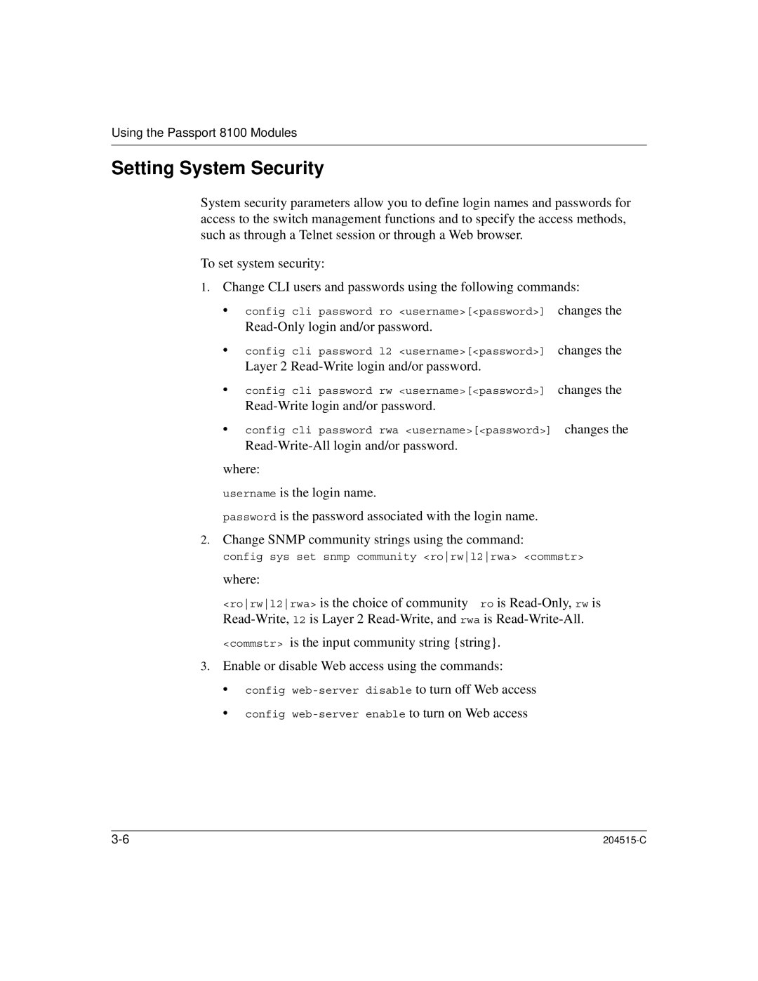 Nortel Networks 8100, 1000BASE-XD Setting System Security, Change CLI users and passwords using the following commands 