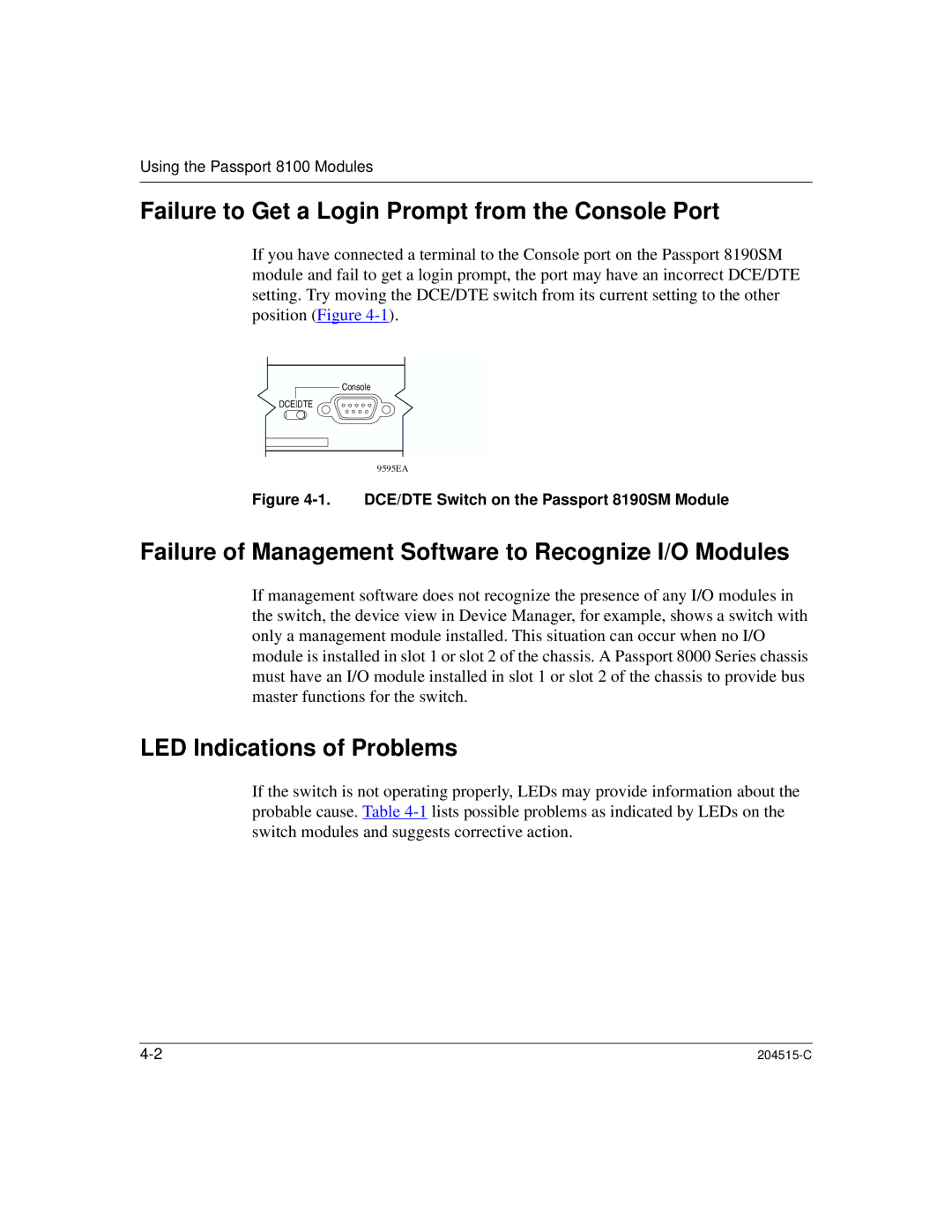 Nortel Networks 8100, 1000BASE-XD manual Failure to Get a Login Prompt from the Console Port, LED Indications of Problems 