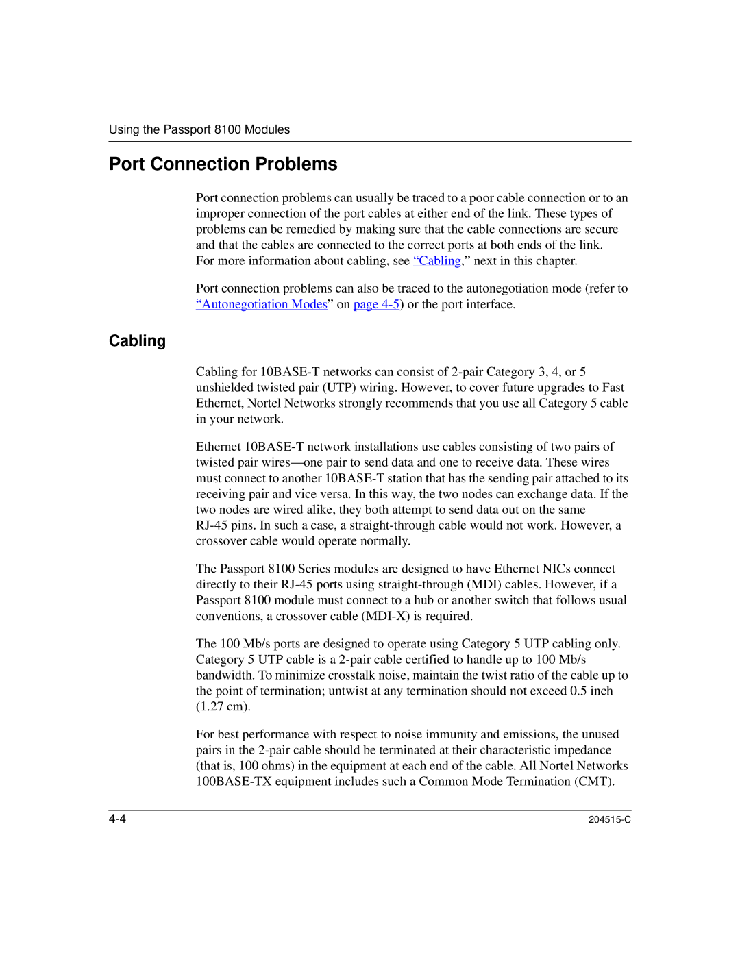 Nortel Networks 8100, 1000BASE-XD manual Port Connection Problems, Cabling 