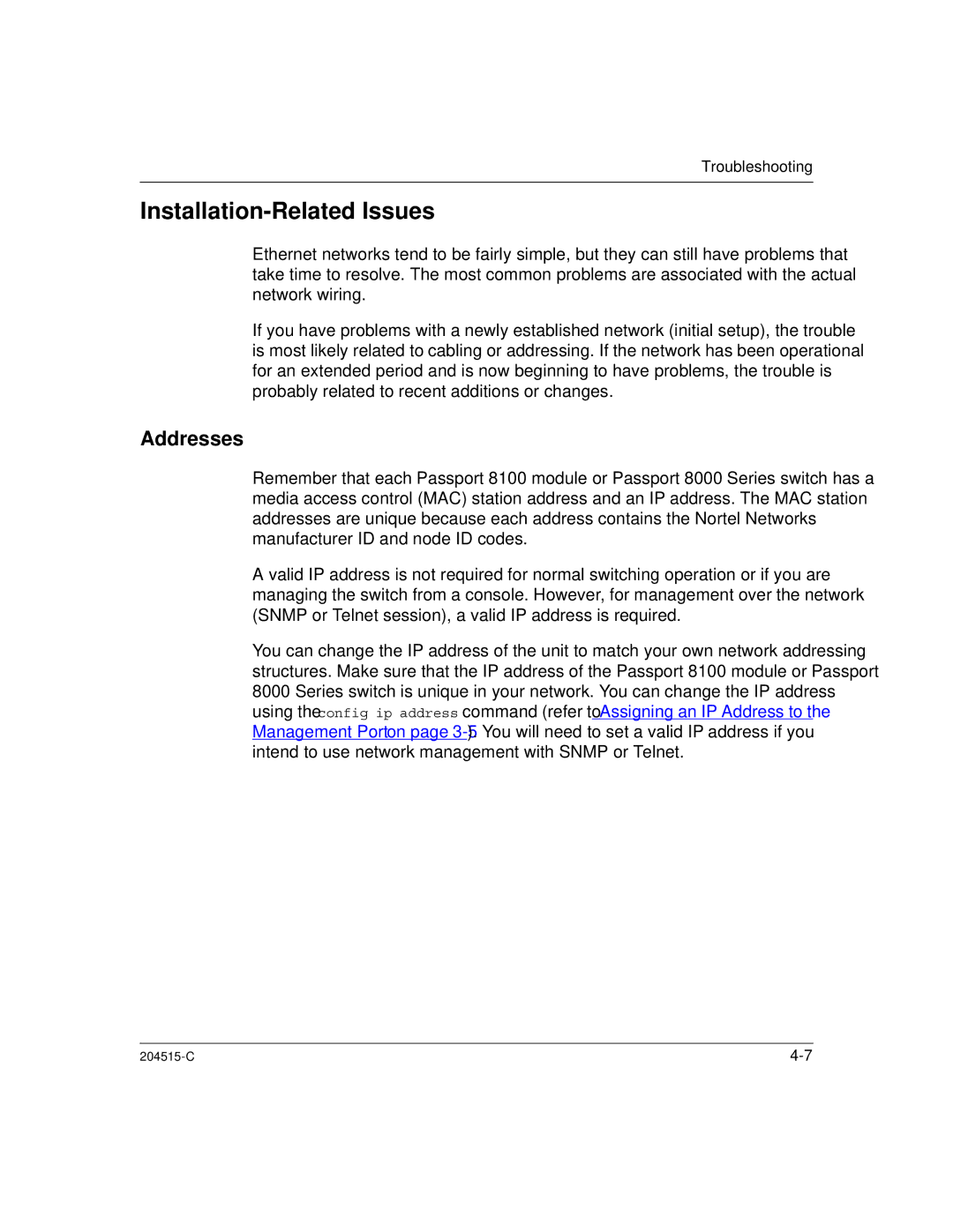 Nortel Networks 1000BASE-XD, 8100 manual Installation-Related Issues, Addresses 