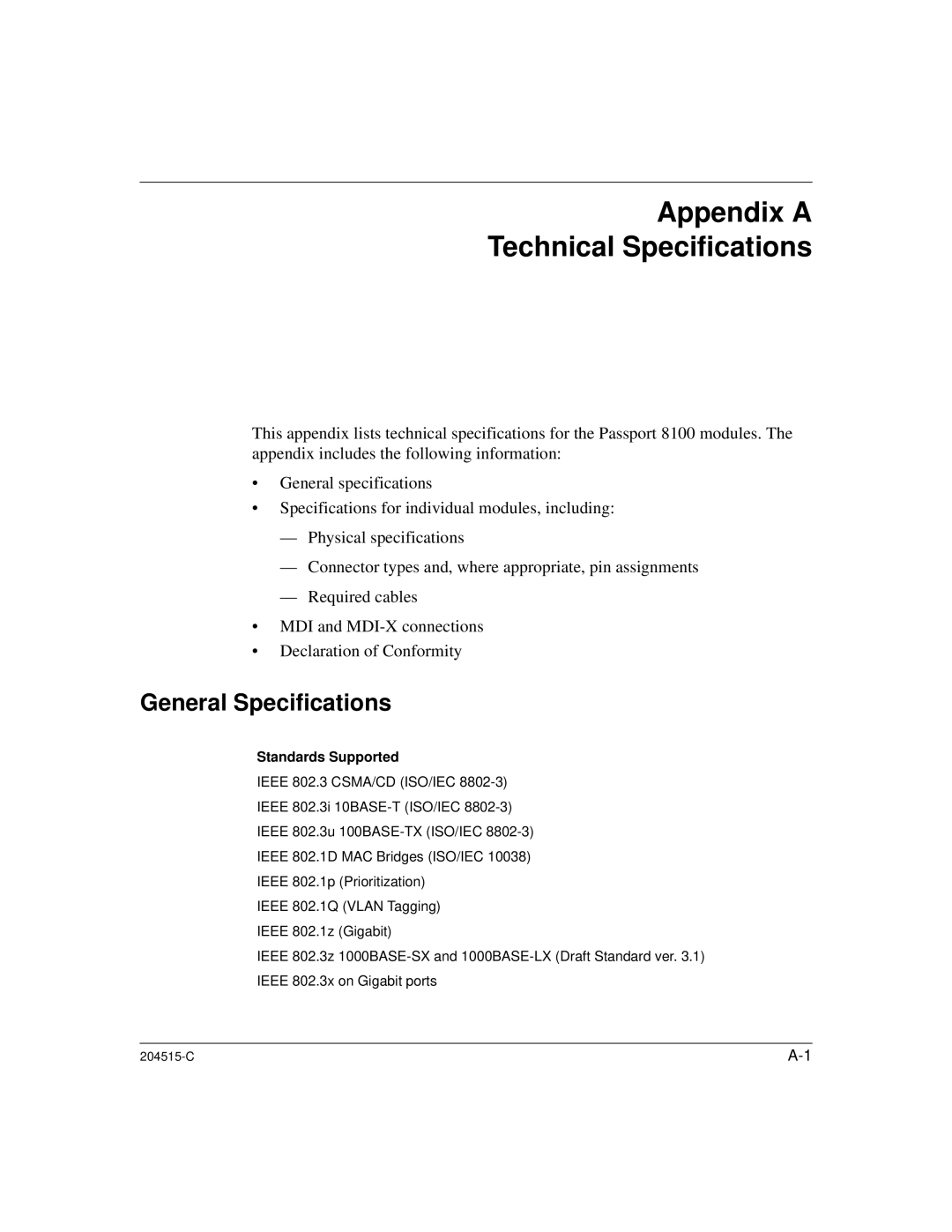 Nortel Networks 1000BASE-XD, 8100 manual Appendix a Technical Specifications, General Specifications, Standards Supported 