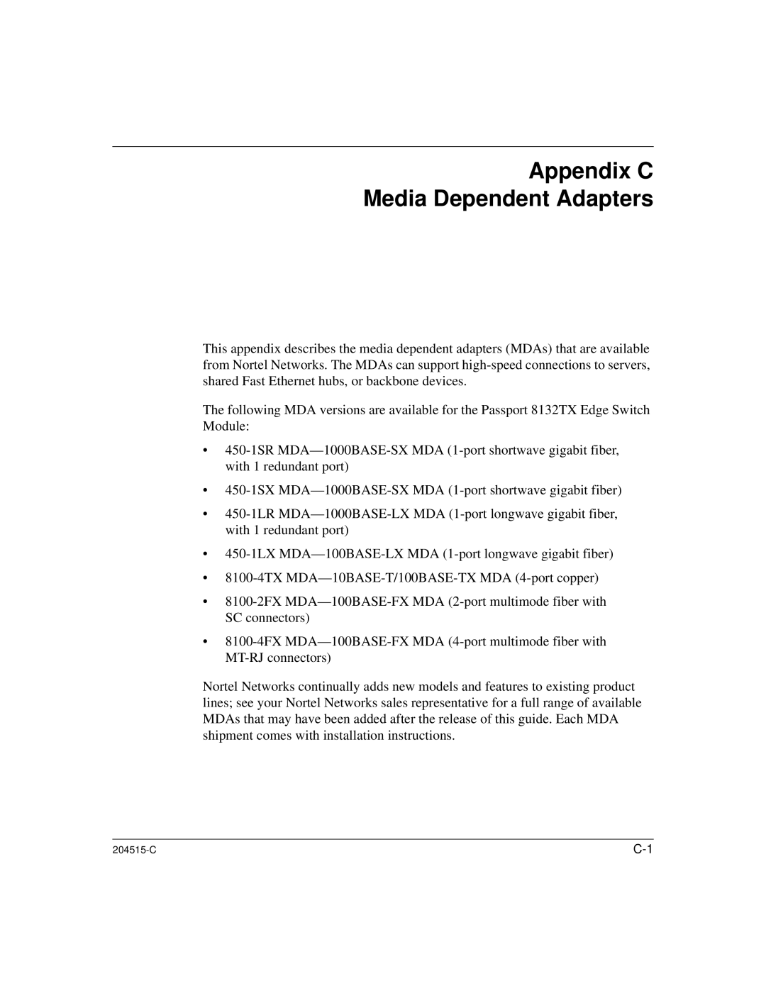 Nortel Networks 1000BASE-XD, 8100 manual Appendix C Media Dependent Adapters 