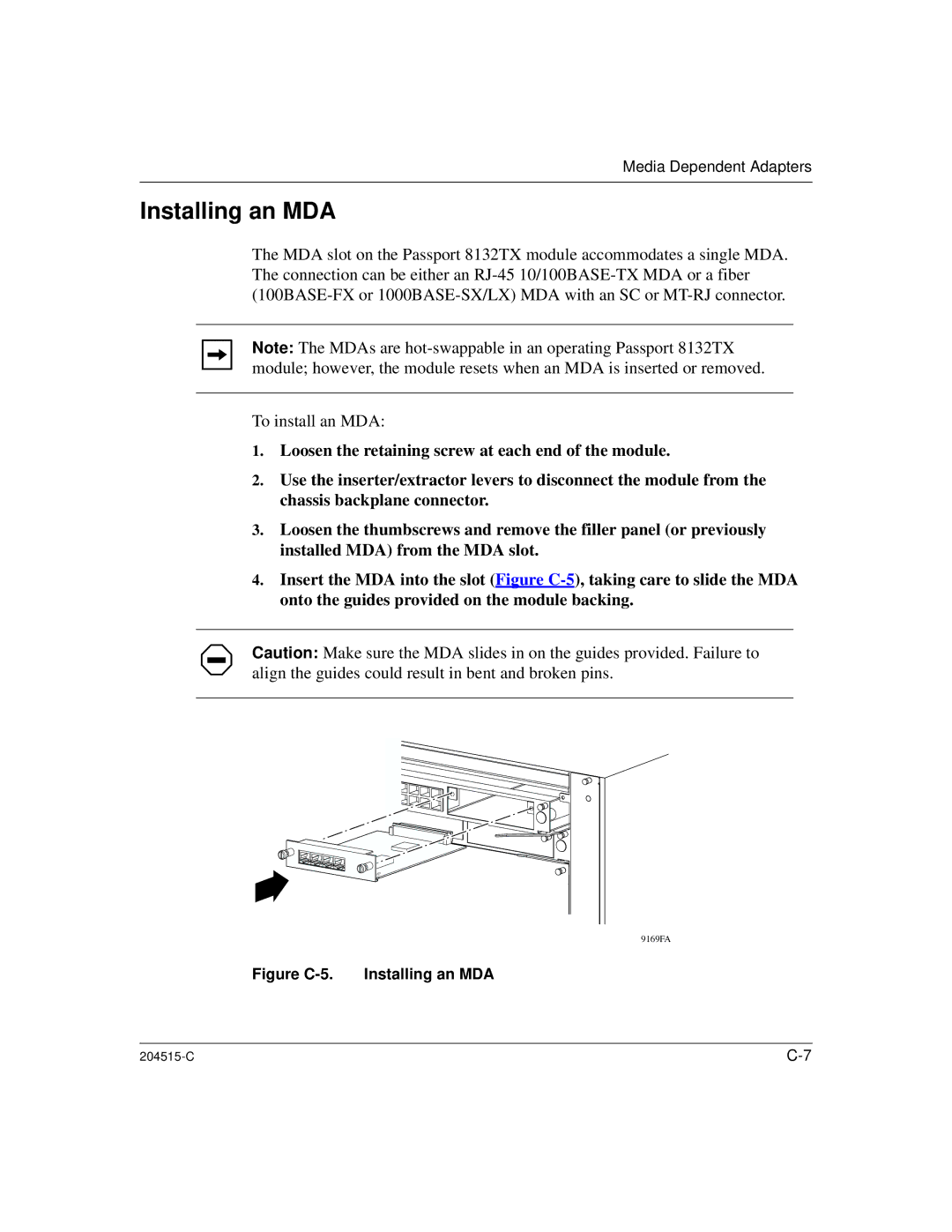 Nortel Networks 1000BASE-XD, 8100 manual Figure C-5. Installing an MDA 