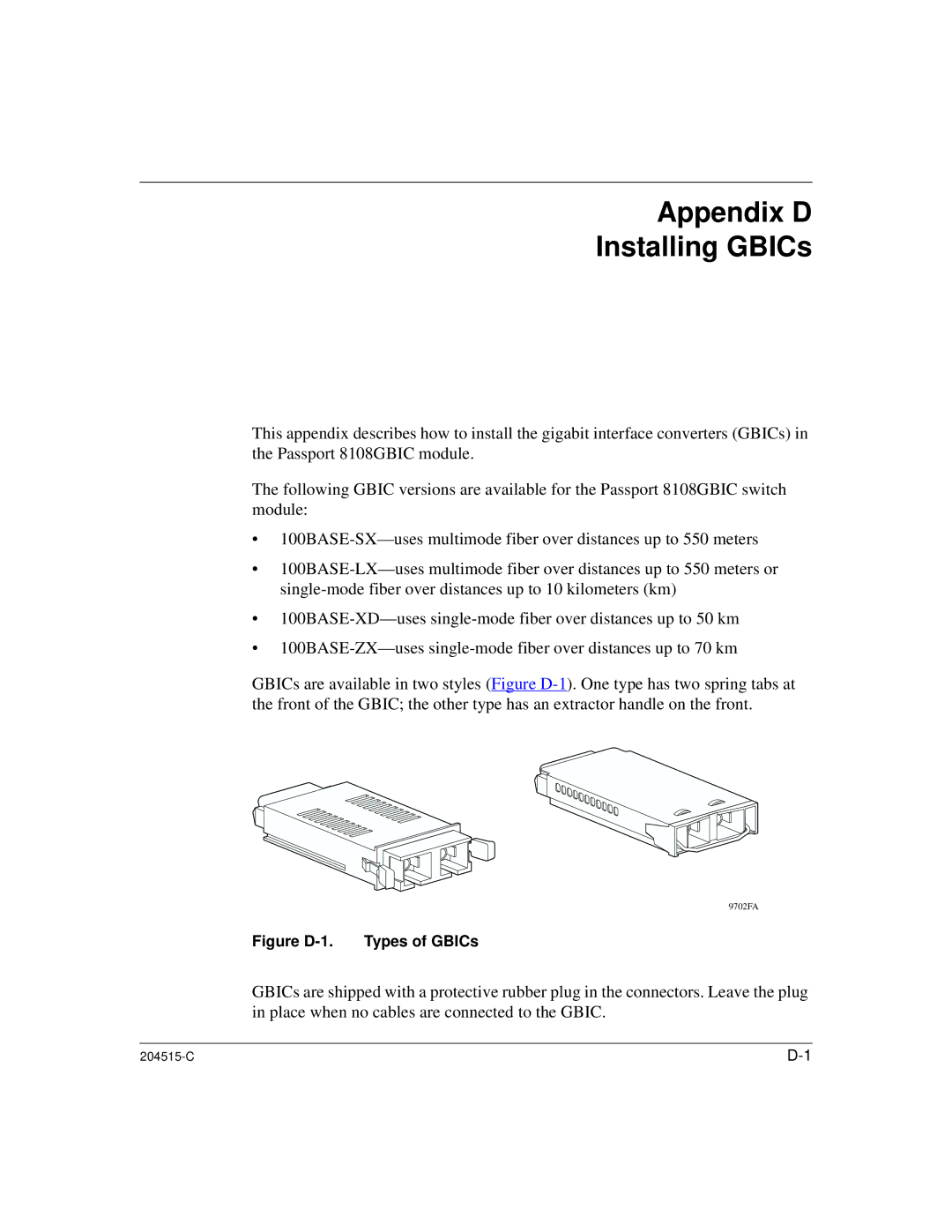 Nortel Networks 1000BASE-XD, 8100 manual Appendix D Installing GBICs, Figure D-1. Types of GBICs 