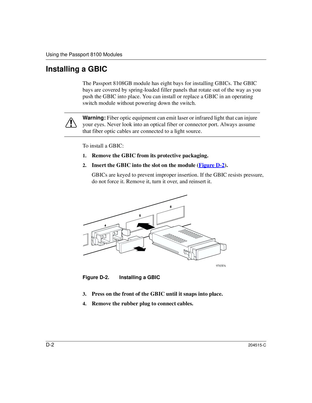 Nortel Networks 8100, 1000BASE-XD manual Figure D-2. Installing a Gbic 