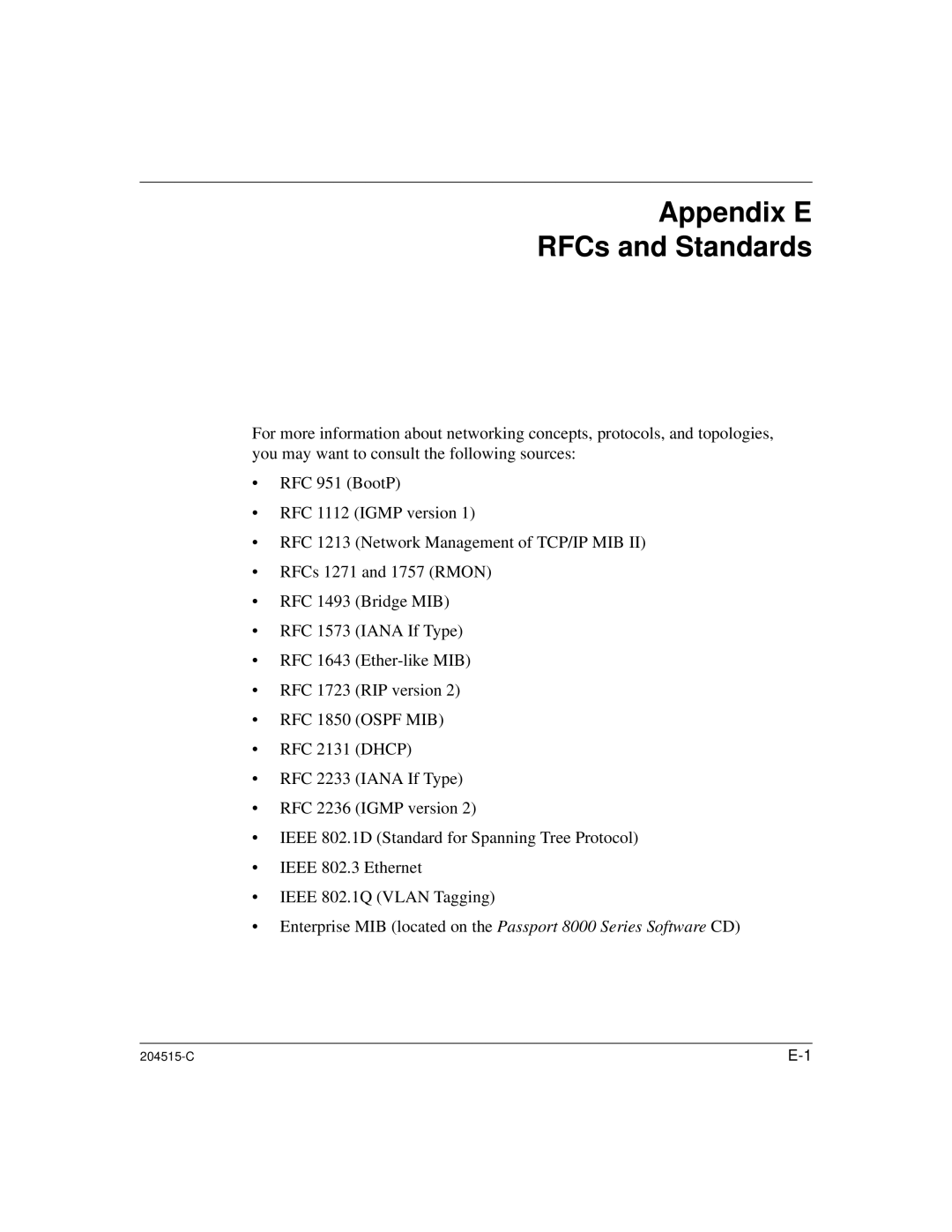 Nortel Networks 1000BASE-XD, 8100 manual Appendix E RFCs and Standards 