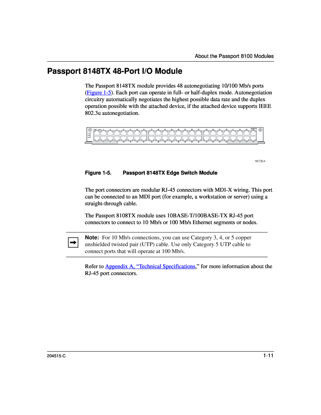 Nortel Networks 1000BASE-XD, 8100 manual Passport 8148TX 48-Port I/O Module, 5. Passport 8148TX Edge Switch Module 
