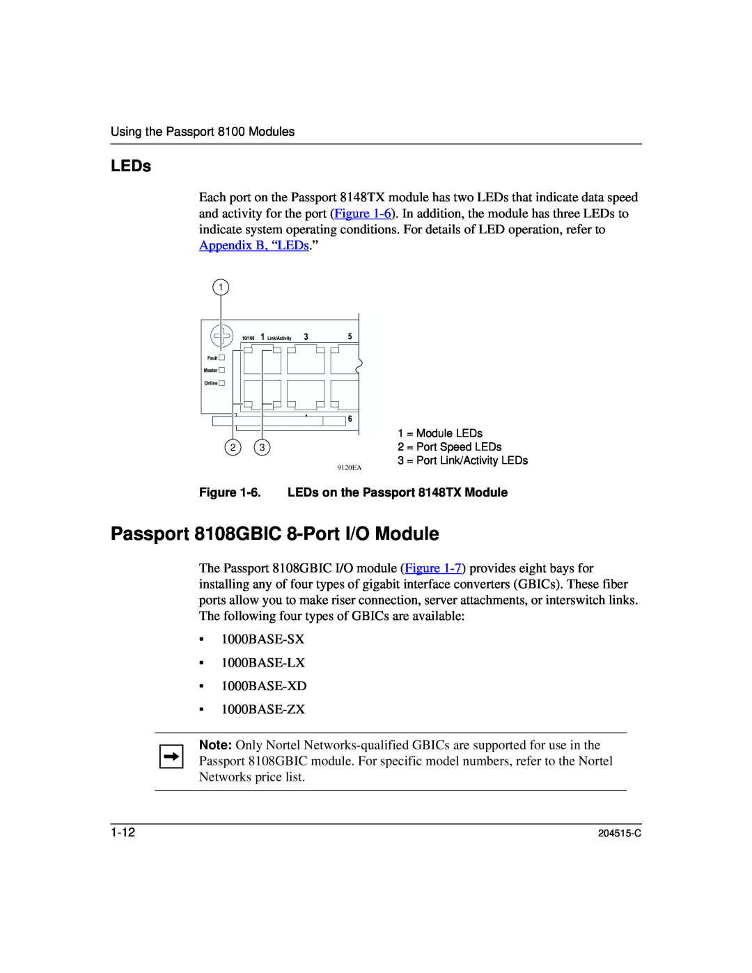 Nortel Networks 8100, 1000BASE-XD manual Passport 8108GBIC 8-Port I/O Module, LEDs 
