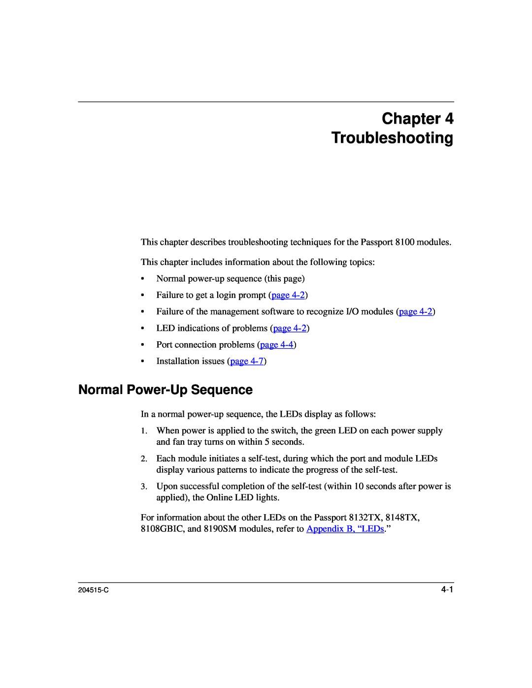 Nortel Networks 1000BASE-XD, 8100 manual Chapter Troubleshooting, Normal Power-Up Sequence 