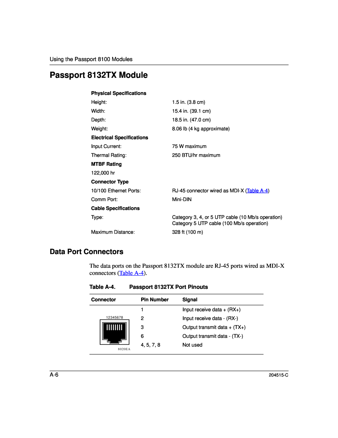 Nortel Networks Passport 8132TX Module, Data Port Connectors, Using the Passport 8100 Modules, Physical Specifications 