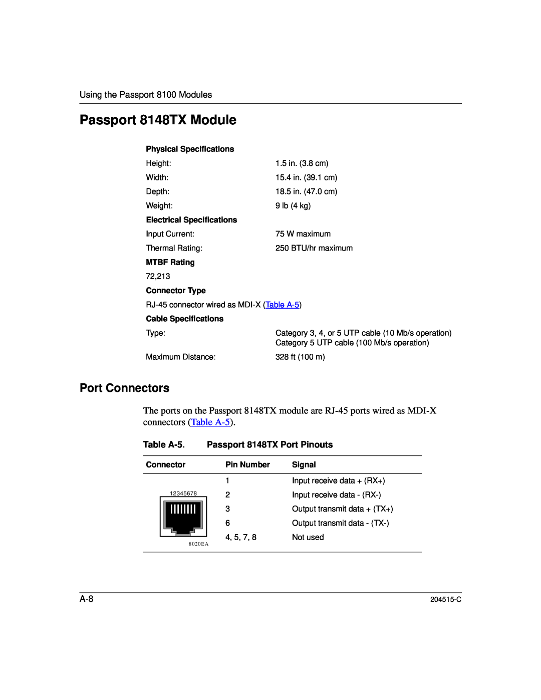 Nortel Networks manual Passport 8148TX Module, Port Connectors, Using the Passport 8100 Modules, Physical Specifications 
