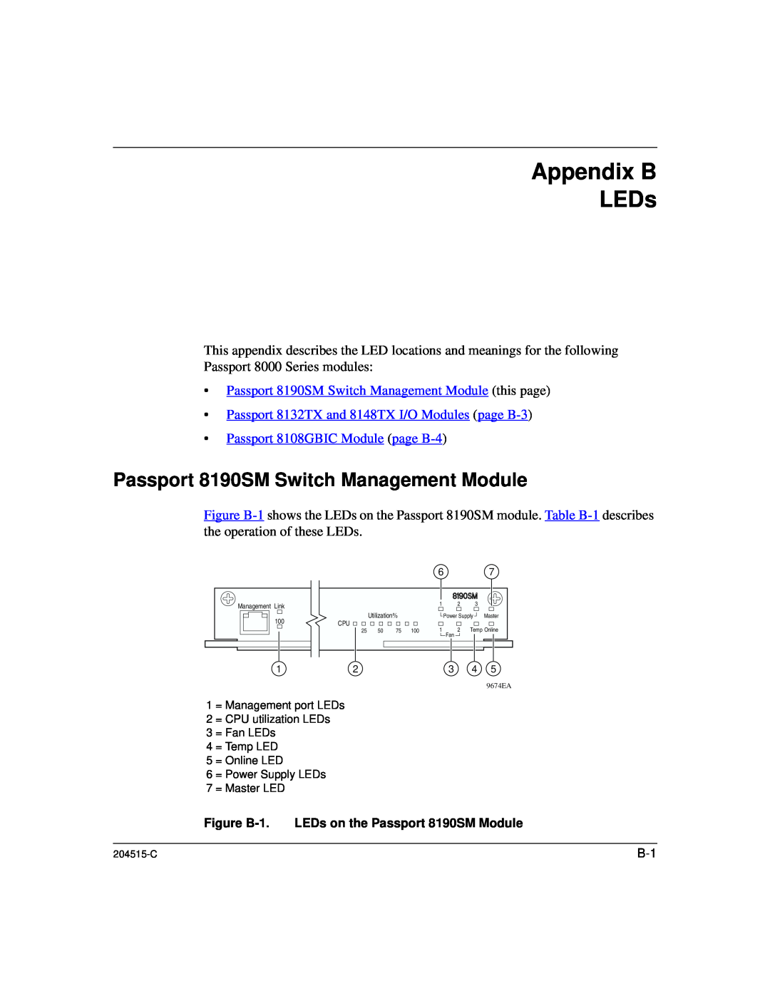 Nortel Networks 1000BASE-XD Appendix B LEDs, Passport 8190SM Switch Management Module, Passport 8108GBIC Module page B-4 