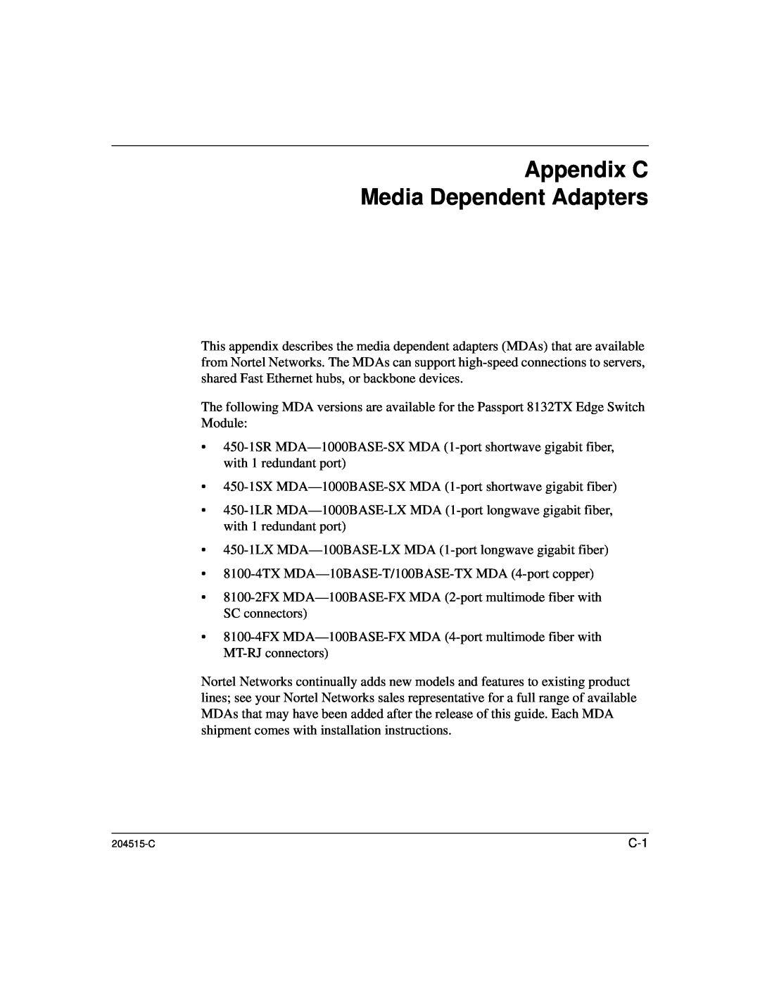 Nortel Networks 1000BASE-XD, 8100 manual Appendix C Media Dependent Adapters 