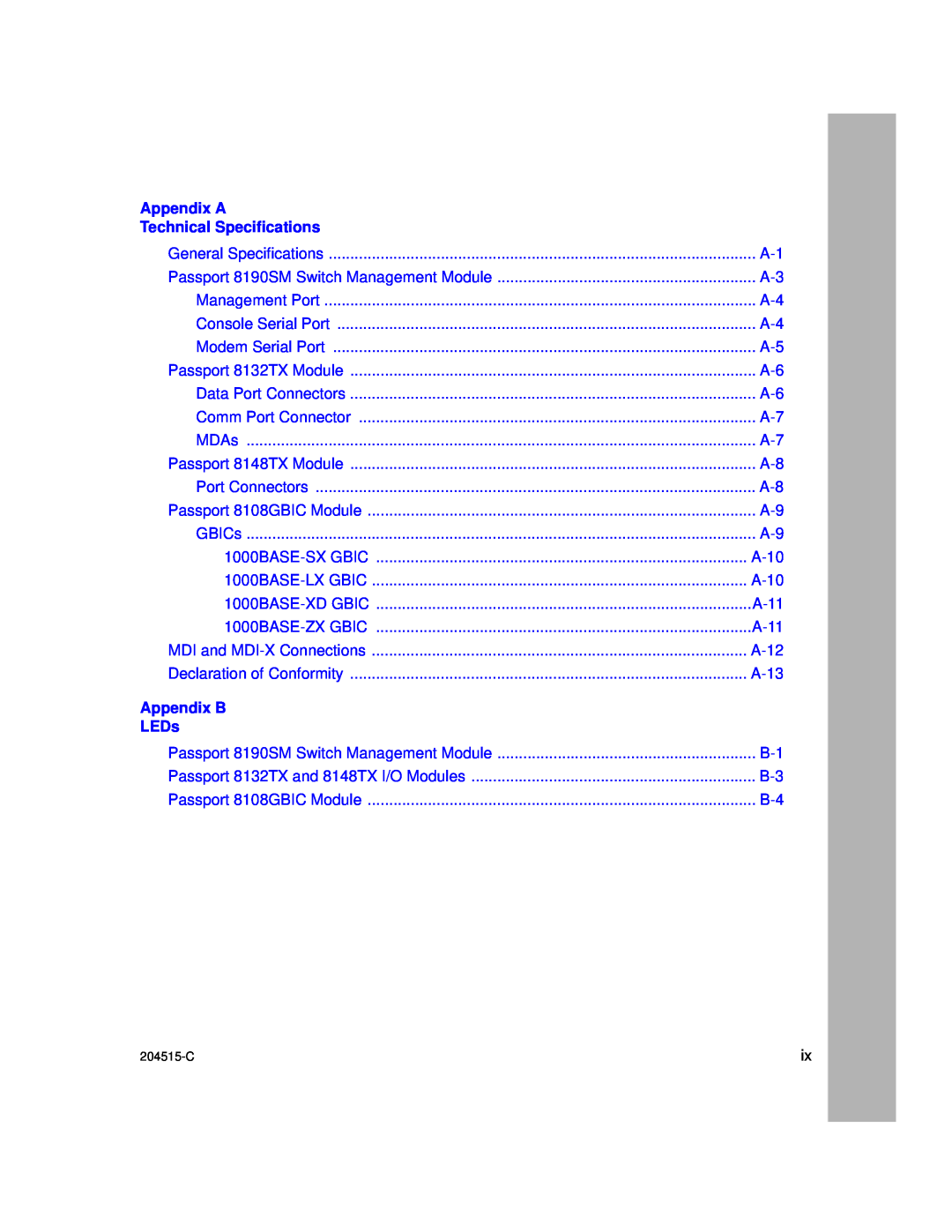 Nortel Networks 1000BASE-XD, 8100 manual Appendix A Technical Specifications, Appendix B, LEDs 