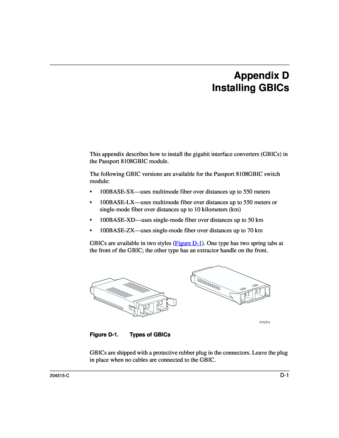 Nortel Networks 1000BASE-XD, 8100 manual Appendix D Installing GBICs 