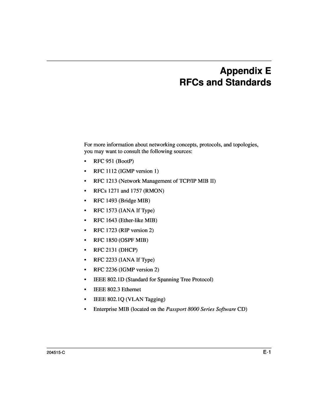 Nortel Networks 1000BASE-XD, 8100 manual Appendix E RFCs and Standards 