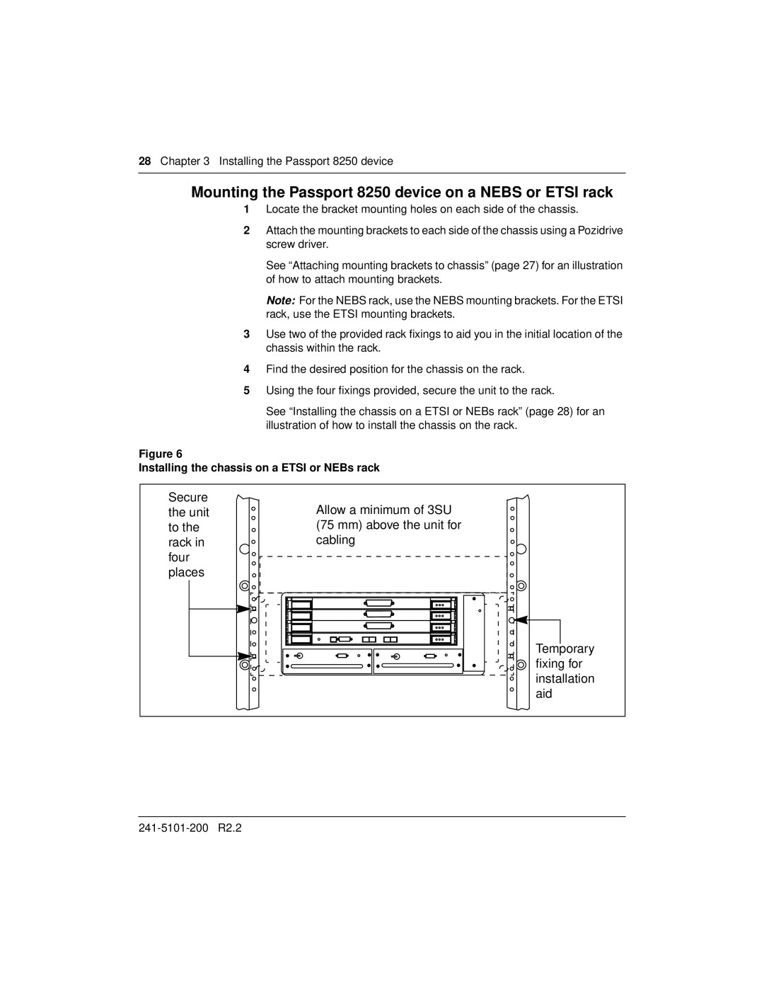 Nortel Networks Mounting the Passport 8250 device on a Nebs or Etsi rack, Installing the chassis on a Etsi or NEBs rack 