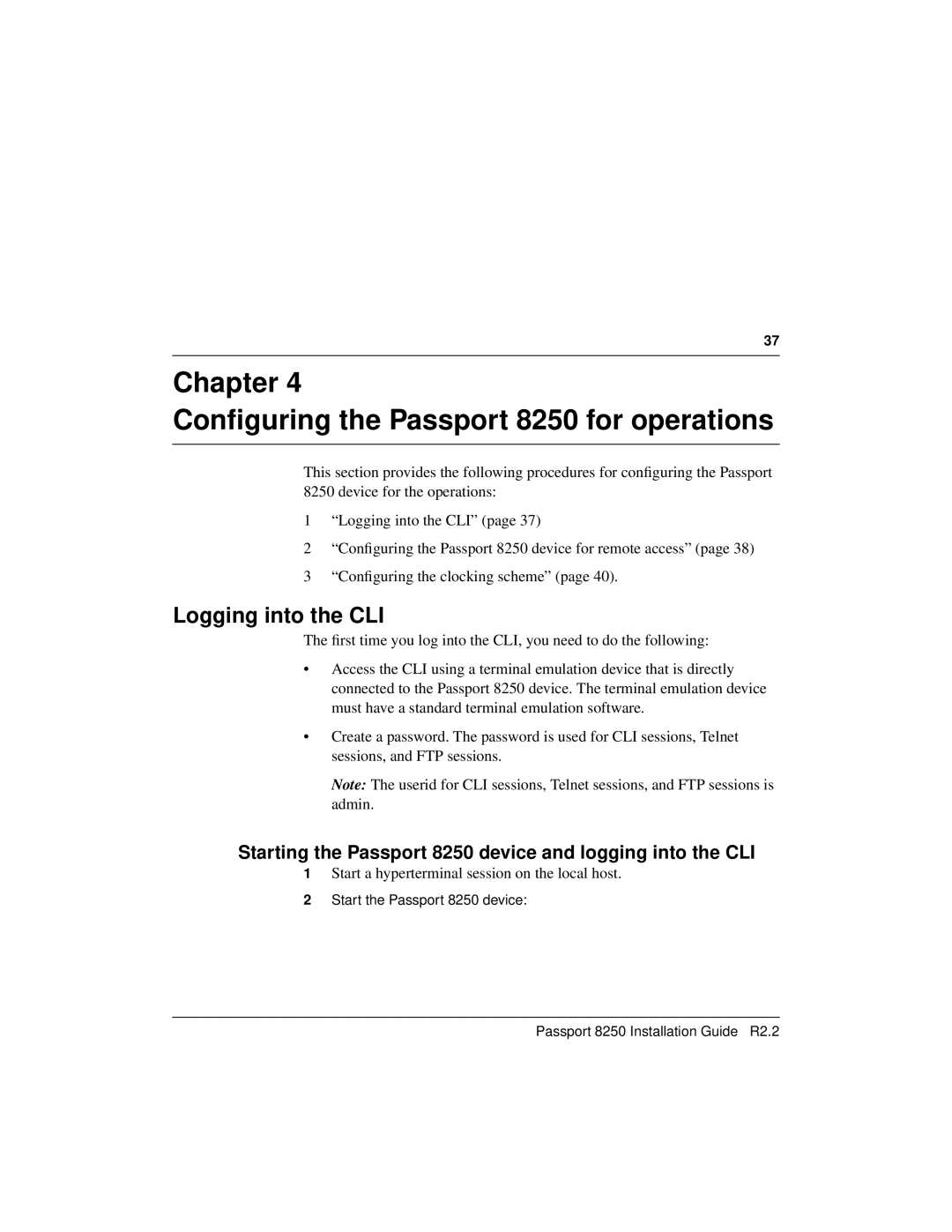 Nortel Networks 241-5101-200 manual Chapter Conﬁguring the Passport 8250 for operations, Logging into the CLI 