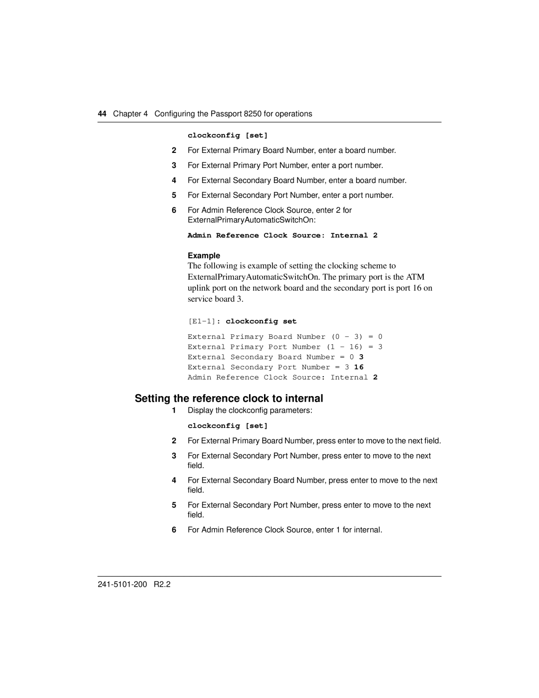 Nortel Networks 8250, 241-5101-200 manual Setting the reference clock to internal 