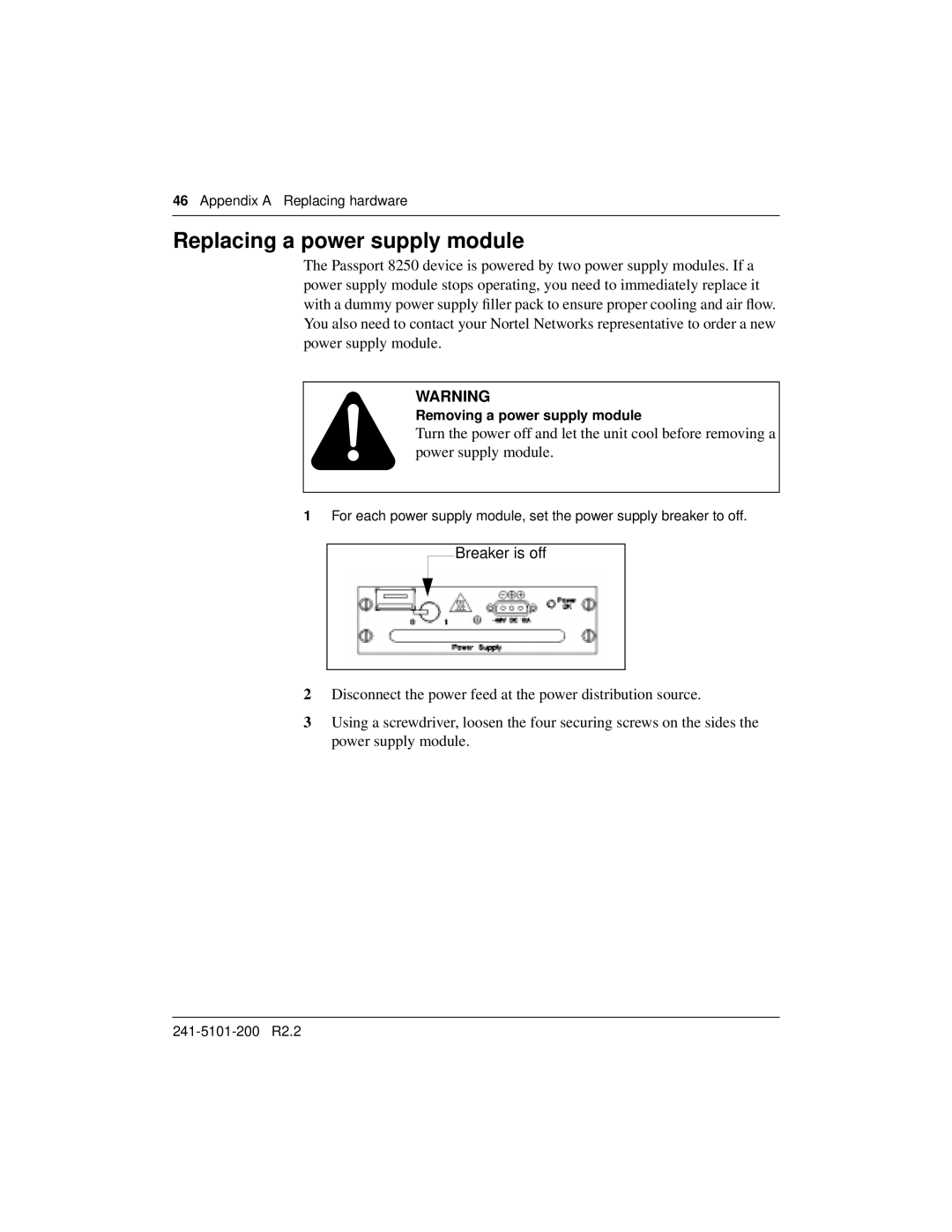 Nortel Networks 8250, 241-5101-200 manual Replacing a power supply module, Removing a power supply module 