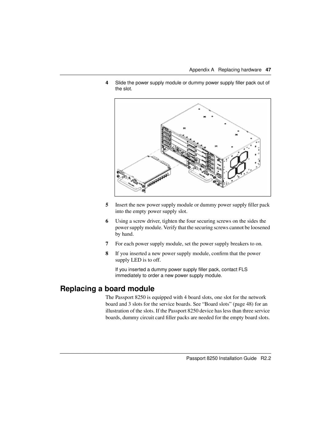 Nortel Networks 241-5101-200, 8250 manual Replacing a board module 